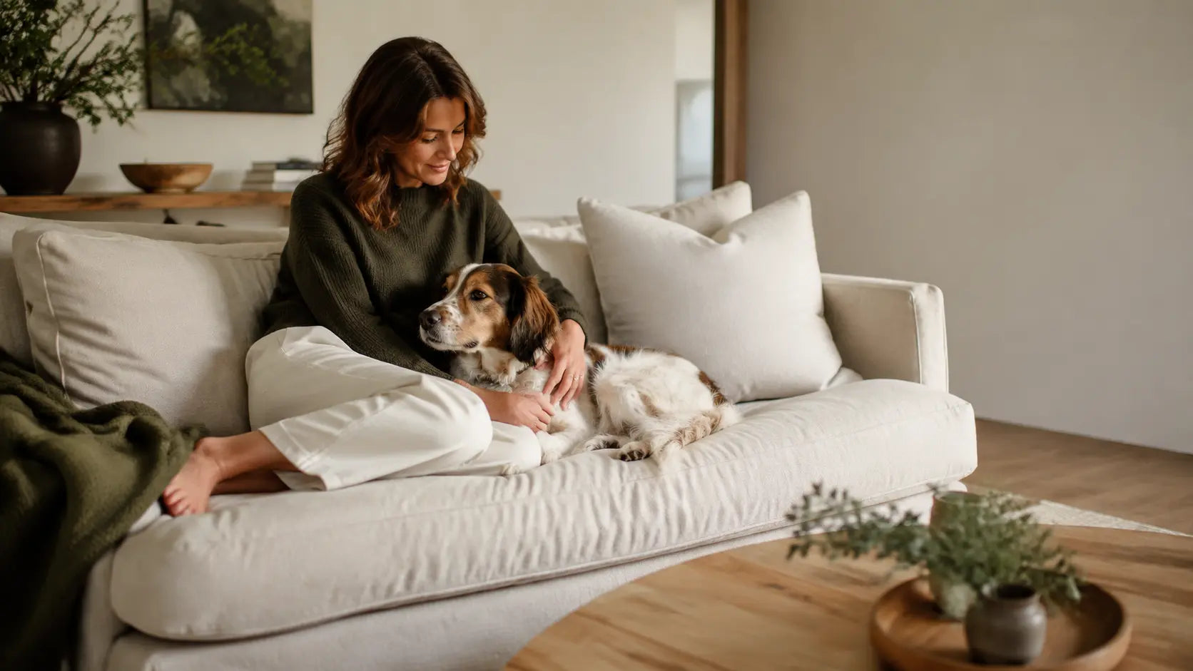 A pet lover sharing a quiet moment at home with their dog