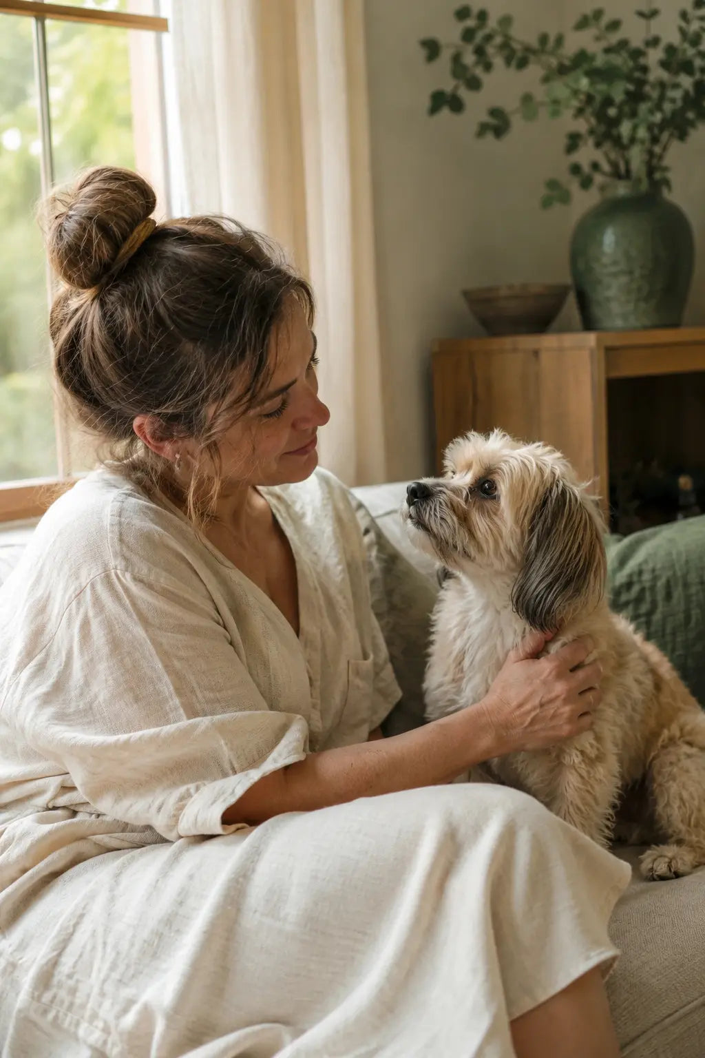 A pet lover sharing a gentle everyday moment with their companion